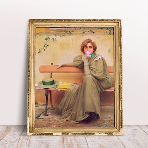 Reading Lady in green dress with Pink Bubble Gum, Funny vintage Altered art portrait, Digital Download Printable, Rococo oil painting