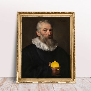 Funny altered art, Vintage portrait Painter with Lemon, Baroque oil painting, Digital Download Printable, Food print Kitchen art