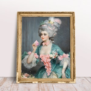 Funny altered art print, Elegant Lady with Pink Cupcake, Italian Rococo vintage art, Digital Download Printable, Food poster, Candy art