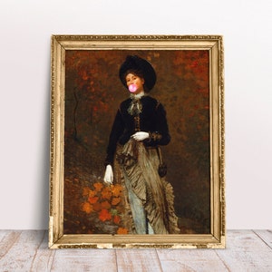 Herbst Dame mit rosa Bubble Gum, lustige Vintage veränderte Kunst Porträt, digitaler Download druckbare, Realismus Ölgemälde, Herbst Landschaft