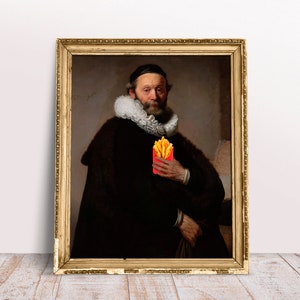 Funny altered art, Gentleman with French Fries poster, Baroque oil painting, Digital Download Printable, American Food print, Kitchen decor