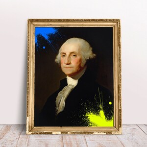 George Washington met Oekraïne Altered Art poster, grappig klassiek portret, neon geel en blauw print, barokke digitale download afdrukbaar