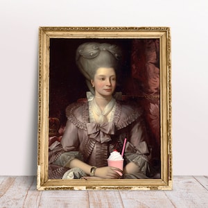 Koningin Charlotte met roze milkshake print, grappige veranderde kunst, barok olieverfschilderij, afdrukbare download, keukenvoedselposter, zoete cafékunst