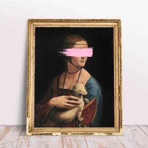 Funny Altered art vintage portrait Lady with Ermine with Pink Brush, Digital Download Printable, Renaissance oil painting, Classic print