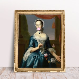 Lady Ann Bowler blowing Pink Bubble Gum, Funny vintage Altered art portrait, Digital Download Printable, Rococo painting, Bubble gum print