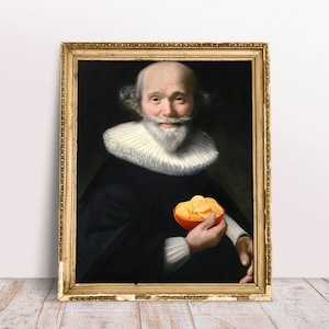 Könnte beinhalten: Ein Gemälde eines Mannes in einem dunklen Gewand und einem weißen Rüschenkragen, der eine Schüssel mit Kartoffelchips hält.