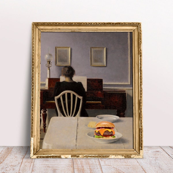 portrait vintage Dame jouant du piano avec imprimé Burger, Art altéré drôle, Peinture à l'huile fine, Télécharger Imprimable, Affiche de nourriture de cuisine