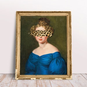 Funny Altered art print, Lady in Blue Leopard Brush Stroke poster, Rococo art, Fine Baroque vintage art prints, Digital Download Printable