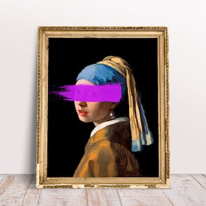 Funny Altered Art print, Digital Download Printable Girl with Pearl Earring Purple Brush Stroke, Portrait with paint over eyes, Baroque art