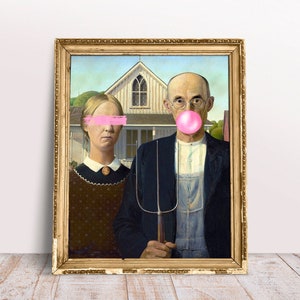 American Gothic blowing Pink Bubble gum poster, Altered art, Alternative Portrait, Vintage print, Modernism Download Printable, Modern Retro