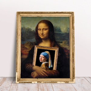Digital Download print, Mona Lisa with Girl with Pearl Earring Altered Art, Fine Modern Renaissance painting, Classic print, Surreal poster