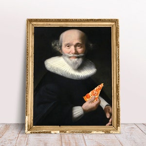Funny altered art print, Vintage portrait Man with Slice Pizza poster, Baroque art, Digital Download Printable, Kitchen Food print Pizza art