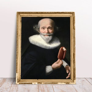 Funny altered art, Vintage portrait Man with Choco Ice Cream poster, Baroque oil painting, Quirky Download Printable, Food print Kitchen art