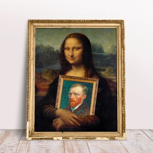 Digital Download print, Mona Lisa with Van Gogh Altered Art, Funny Modern Renaissance painting, Classic art print, Surreal poster