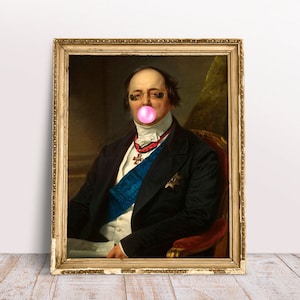 Grappige alter art, portretgrafiek met roze kauwgomposter, eclectische kleine lettertjes, barokke schilderkunst, digitale download afdrukbaar