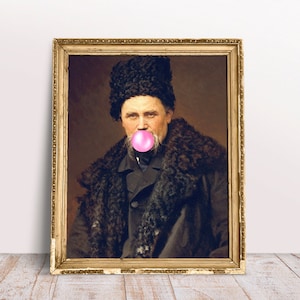 Taras Shevchenko met roze kauwgom poster, grappige klassieke Alter art portret, vintage print, digitale download afdrukbare, Oekraïense schrijver