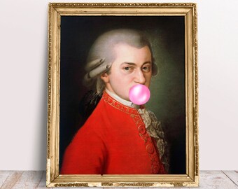 Mozart with Pink Bubble gum poster, Funny classic Alter art portrait, Fine Vintage print, Digital Download Printable, Famous person