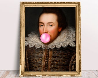 Shakespeare with Pink Bubble gum poster, Funny classic Alter art portrait, Vintage print, Digital Download Printable, Famous person