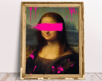 Bright Pink Altered Art Mona Lisa Digital Download Printable, Pop art Fine oil painting, Renaissance Vintage Portrait, Modern Regency home