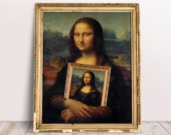 Mona Lisa with Mona Lisa in Golden Frame Altered Art print, Famous Renaissance portrait, Digital Download Printable, Modern Classic poster
