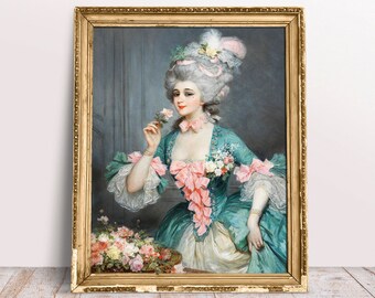 Elegant Lady with Pink Rose, Vintage portrait of Lady, Italian Rococo vintage oil painting, Digital Download Printable, Fine art poster