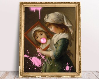 Looking in a Mirror, Pastel Pink nursery pints, Girl Bubble Gum, Baby renaissance, Fine Altered art, Bedroom art, Digital Download Printable