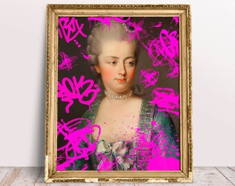 Marie Antoinette Pink Graffiti poster, Altered art portrait, Rococo Vintage, French Rococo oil painting, Baroque Download Printable print