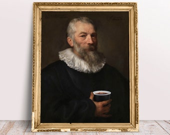 Grappige veranderde kunst, vintage portretschilder met koffiekopje poster, barok olieverfschilderij, digitale download afdrukbaar, voedselprint keukenkunst