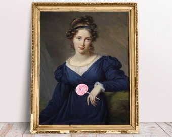 Funny alter art, Lady in blue dress with Pink Lollipop, Vintage French Rococo oil painting, Fine Baroque Download Printable, Candy poster