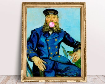Van Gogh print - Grappig portret Postbode Joseph Roulin blaast roze kauwgom, Alter schilderij, Vintage poster Digitale Download Printable