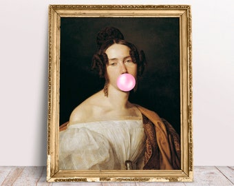 Magdalena bläst Pink Bubble Gum Poster, lustige veränderte Kunst Porträt der Dame, Vintage Rokoko Kunst, digitaler Download druckbare, Bubblegum Kunst