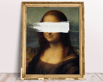 Mona Lisa White Destroyed Altered Art, Famous Renaissance portrait, Digital Download Printable, Modern Classic art prints, Defaced poster