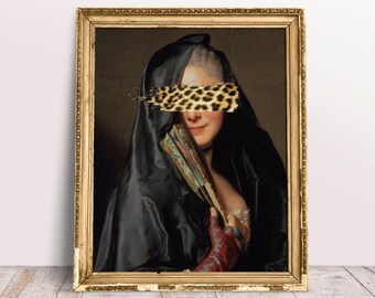 Funny Altered art print, Lady with Veil Leopard Brush Stroke poster, Rococo art, Fine Baroque vintage art prints, Digital Download Printable