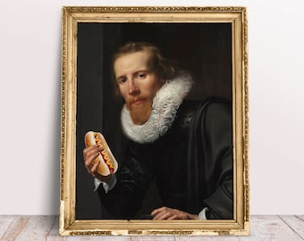 Portrait Gentleman with Hot Dog poster, Funny alter art, Baroque painting, Digital Download Printable, Kitchen Food print, People eating art