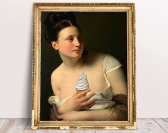 Funny altered art print, Lady with White Ice Cream poster, French classic art, Digital Download Printable, Food art, Kitchen wall art