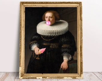 Funny altered art print, Woman with Pink Bubble Gum Ice cream, Dutch Baroque vintage oil painting, Digital Download Printable, Food poster