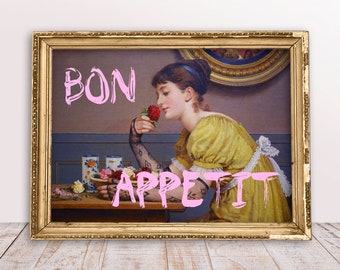 Bon Appetit print, Funny vintage Altered art portrait Lady with flowers, Pink Quotes poster, Digital Download Printable, Kitchen wall Art