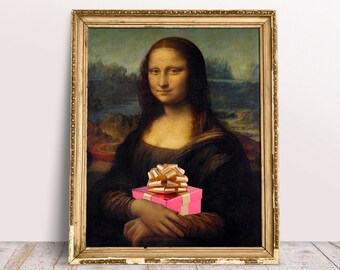 Mona Lisa with Pink Gift Box print, Funny Altered art poster, Digital Download Printable, Renaissance painting, Vintage poster, Famous decor