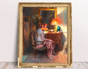 ロココ調の風船ガムを吹く女性の絵画 - フランスのヴィンテージ肖像画