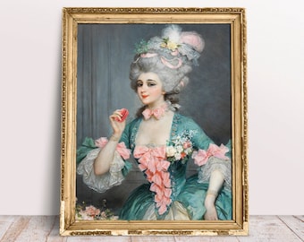 Grappige gewijzigde kunstprint, elegante dame met bitterkoekjes, Italiaans Rococo vintage olieverfschilderij, digitale download afdrukbaar, voedselposter, snoepkunst