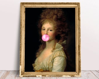 Stampa d'arte alterata, Principessa Frederica con Pink Bubble Gum, Download digitale stampabile, Divertente poster classico moderno, Arte Bubblegum