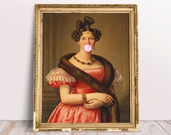 Lady Rodhe blowing Pink Bubble gum poster, Funny Altered art portrait of Lady, Vintage Rococo art, Digital Download Printable, Bubblegum art