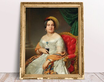 Gewijzigde vintage kunst, portret Lady Louise met koffiekopje print, vintage kunst aan de muur, koffiebar digitale download afdrukbaar, grappige keuken