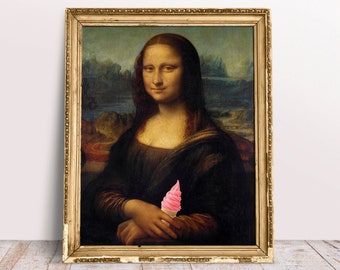 Mona Lisa with Pink Ice Cream Altered Art print, Famous Renaissance portrait, Digital Download Printable, Funny Classic poster, Kitchen art
