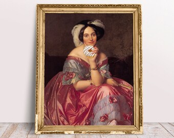 Funny Altered Art, Vintage Portrait Lady in pink dress with Donut, French oil painting, Neoclassical Download Printable, Candy poster