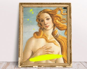 Altered Art, Neon Yellow Venus, Digital Downloads, The birth of Venus print, Renaissance art