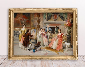 Fine art, Vintage Portrait Maker print, Many Ladies and Gentlemen poster, Baroque painting, Digital Download Printable, Beautiful old room
