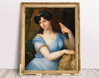 Divertente stampa artistica alterata, poster Lady in Blue con Pizza, arte murale vintage, download digitale di cibo stampabile, arredamento della sala da pranzo, arte della pizza