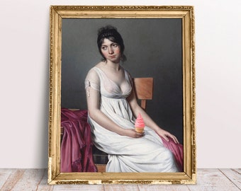 Funny Altered art print, Lady in White with Pink Ice Cream, Food print, Digital Download Printable, Kitchen art, Vintage Baroque portrait