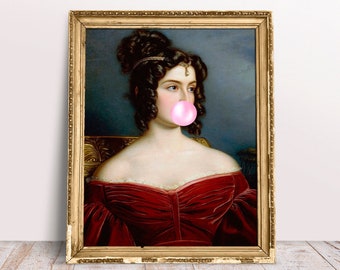 Bubblegum Kunst, Marianna Marchesa bläst Pink Bubble Gum Druck, lustige veränderte Kunst Porträt, Vintage Rokoko Kunst, digitaler Download Printable